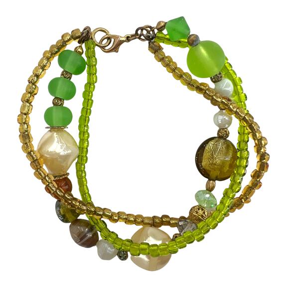 Green Beaded Faux Pearl Glass Multi Strand 8.5 inch Gold Lobster Claw Bracelet - Picture 2 of 4